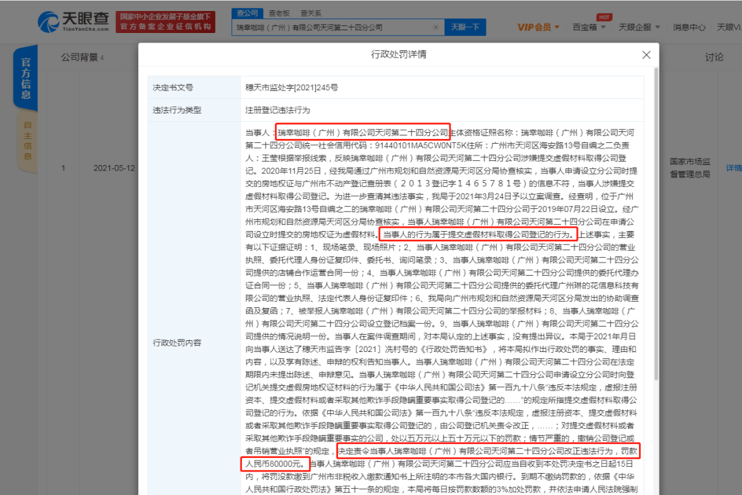 瑞幸分公司被罰款8萬:因虛假登記